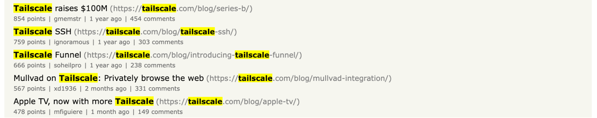 screenshot of search results for Tailscale on Hackernews